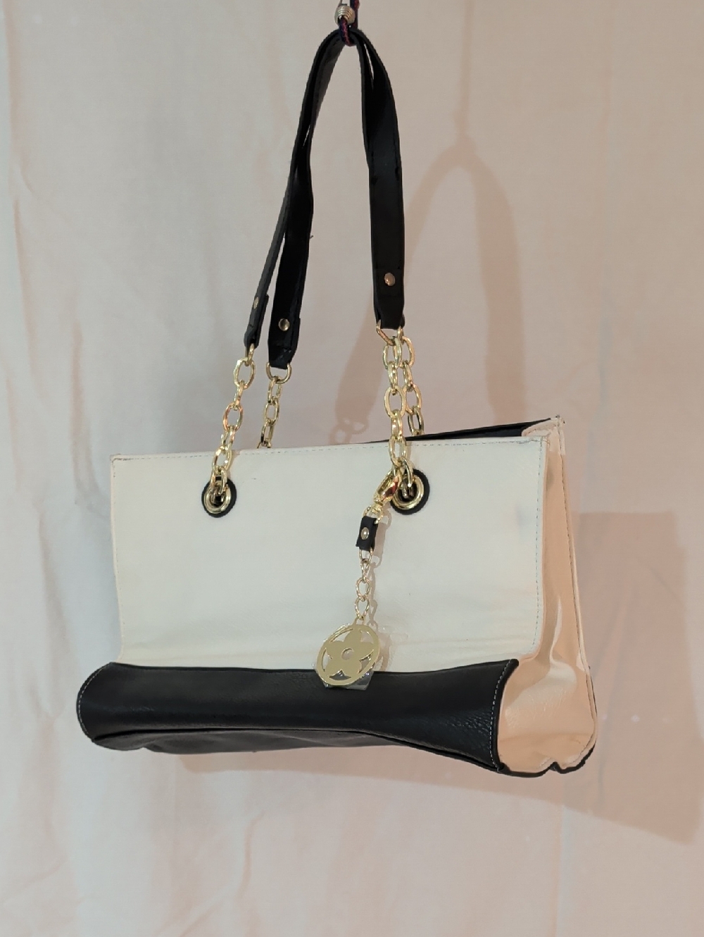Chic Two-Tone Black & Cream Tote Bag with Gold Chain Accents
